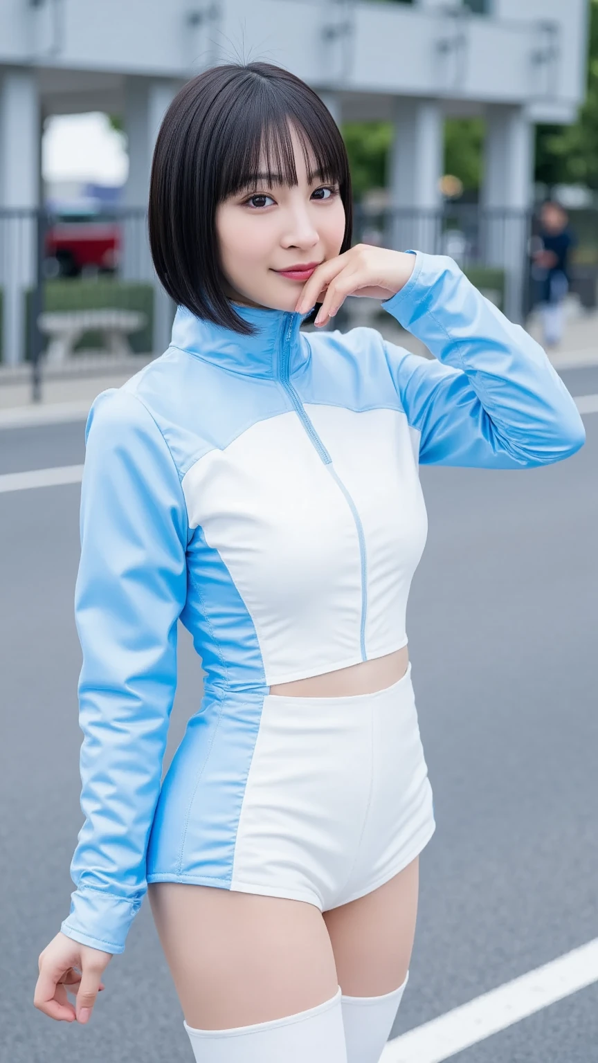 (masterpiece, best quality:1.2), <lora:lois_lane_(my_adventures_with_superman):.9>, lois lane (my adventures with superman),1girl, short hair, solo, black hair, dolphin shorts, stud earrings, blue shorts, earrings, jewelry, shorts, tomboy, raglan sleeves, shirt, long sleeves, 1girl, solo, hands on hips, tree, looking at viewer, outdoors