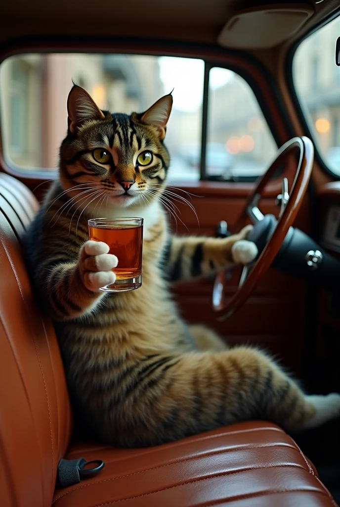 A cat lounges in the car drinking beer. He is looking serenely at the screen. He is holding glass of beer. He's partying, expressing joy