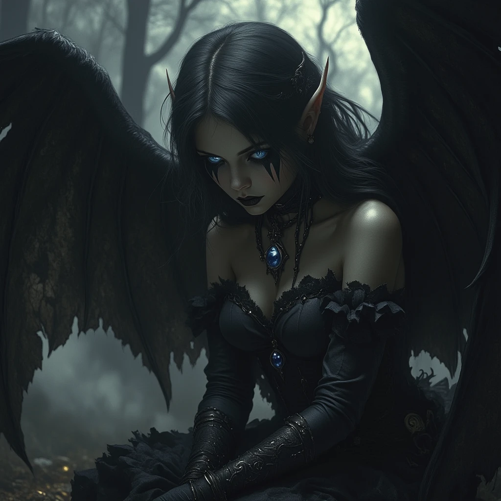 Showing a harpy sitting on the branch of a giant tree in the rainforest at night. Their eyes should reflect the moonlight shining through the treetops... Surrounded by rare flora and fauna, The art of horror fiction, Sci-fi horror art, Inspired by Alexis Briclot, Fangs of Carnage, Horror fantasy art, As with Alexis Briclot, Horror concept art, poison, Fantasy Art and Horror, 4K horror detailed illustration, Demonic creatures, Dark fantasy horror art