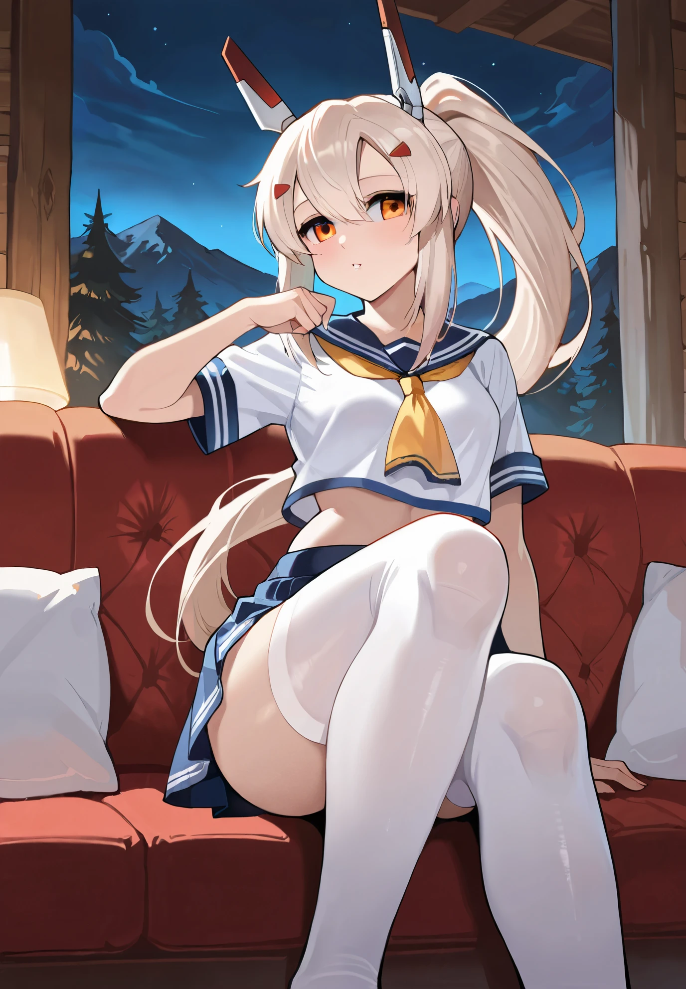 illyasvielvoneinzbern, illyasviel von einzbern, blonde hair, hair between eyes, long hair, (red eyes:1.5),
BREAK beret, black skirt, brown footwear, collared shirt, hat, homurahara academy , kneehighs, loafers, pleated skirt, puffy short sleeves, puffy sleeves, red ribbon, ribbon, , shirt, shoes, short sleeves, skirt, socks, white headwear, (white shirt:1.5), white socks,
BREAK indoors, classroom,
BREAK looking at viewer, (cowboy shot:1.5),
BREAK (masterpiece:1.2), best quality, high resolution, unity 8k wallpaper, (illustration:0.8), (beautiful detailed eyes:1.6), extremely detailed face, perfect lighting, extremely detailed CG, (perfect hands, perfect anatomy), little, (white panties:1.5), groin, perineum, thighhighs, (spread legs, knee up:1.5), blush, smile, medium breasts, sitting, on bed, cowboy shot, my room