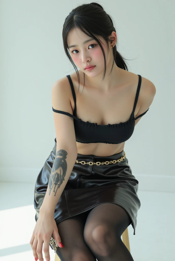(8k:1.27), best quality, masterpiece, ultra highres:1.2), kidnapped lesbian goth girl with arm tattoos, tattooed girl, full body picture, old black oversized knotted prisoner t-shirt, short big sleeves, beige short skirt tied with a rope, wearing dirty old goth clothes, dyed pink hair, short pink bob hairstyle, back pink bun, pink hair bangs, kneeling in a dirty room, handcuffed, hands tied with rope behind body, submissive neck choker and leash in neck, 4k or 8k picture, looking at the floor down very sad, very sad face, paisley bandana ribbon hairband, smelly, barefoot, praying, rope hanging from ceiling