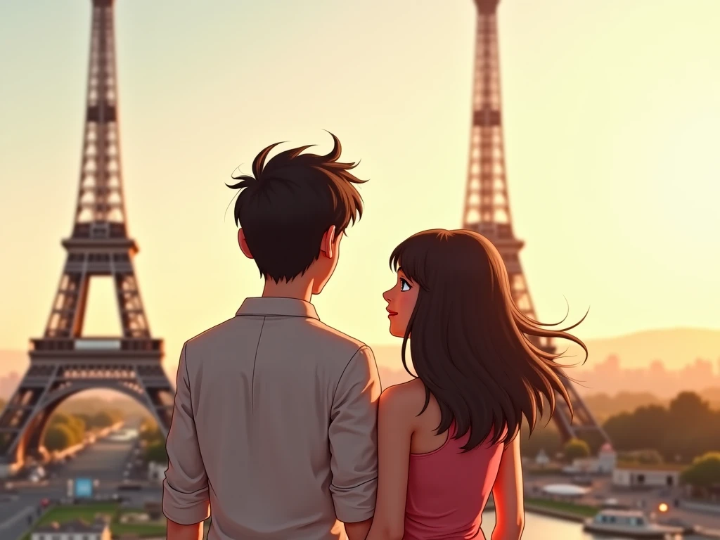 Short girl and tall boy with glasses hugging each other in the Ifell tower for wallpaper