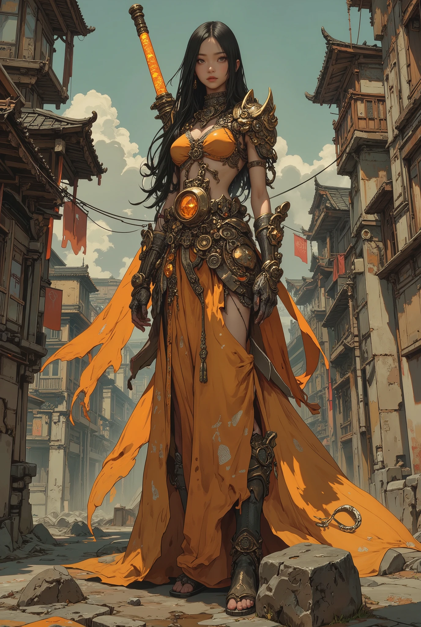 An extremely skinny korean female warrior in a final fantasy style world, she has an enormous fantasy style blade on her back made from amber crystal, she is wearing fantasy style micro thong and she has many medalions and gems, she is a wizard, HD, 8k,