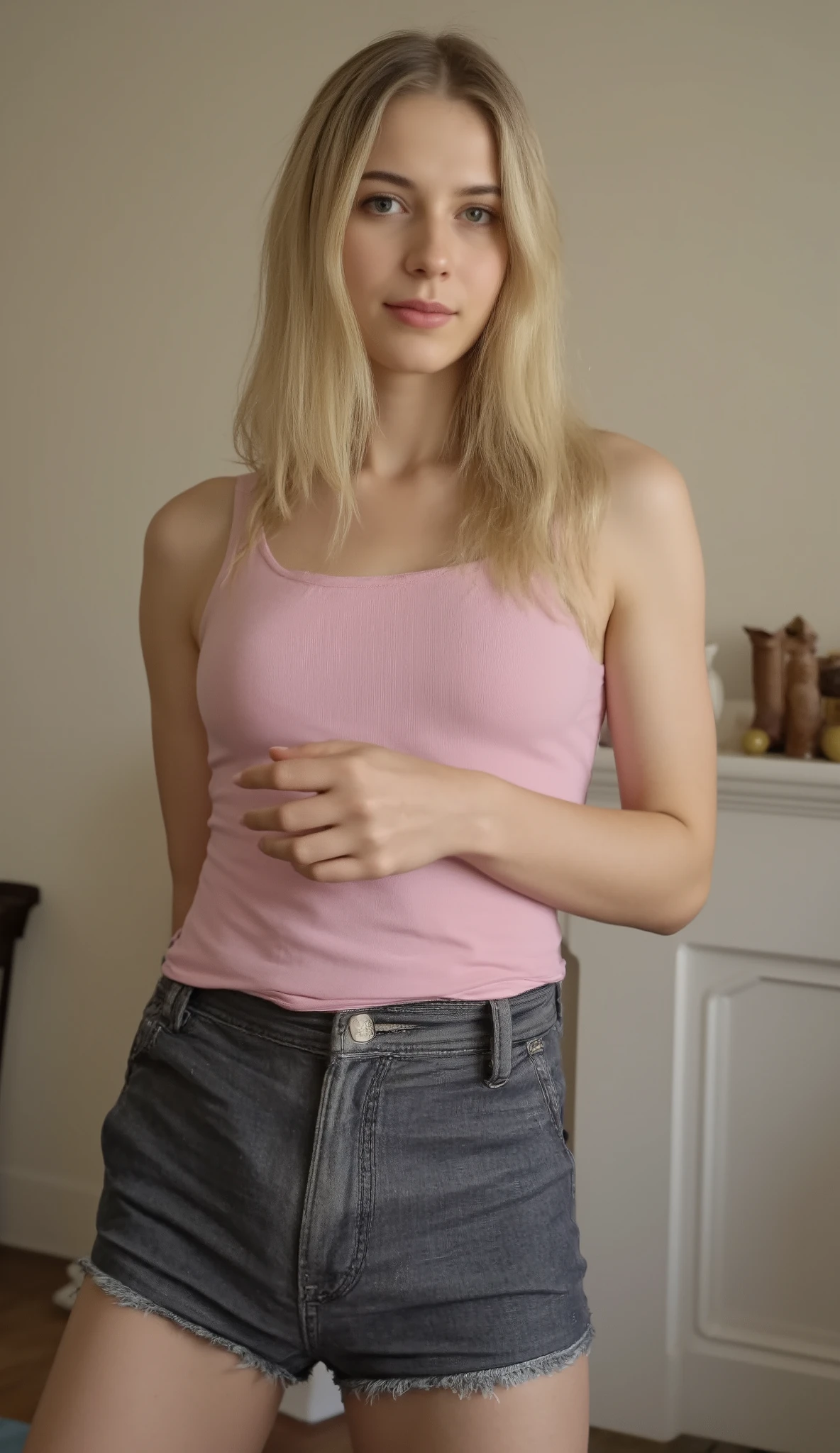 1 Japanese beautiful girl,28yo girl, Super beautiful detailed face, (smile:1.4), earrings, (blonde semi-long straight hair with parted bangs:1.6), (Slender body:1.3), (neutral-colored large areola:1.4), (no bra:1.3), (nipples poking through shirt), (nipples), BREAK, masterpiece, best quality, ultra quality, high quality, realistic, photo realistic, RAW photo, hyper detailed, intricate detaile,(cinematic lighting:1.2),ray tracing,((from front)), (medium shot), BREAK (wearing light gray sweat pants:1.3),Sunlight,sunshine,during daytime, BREAK (shirtlift),7eleven, scenery, indoors, box, tiles, shop, tile floor,(small head),(up hood),