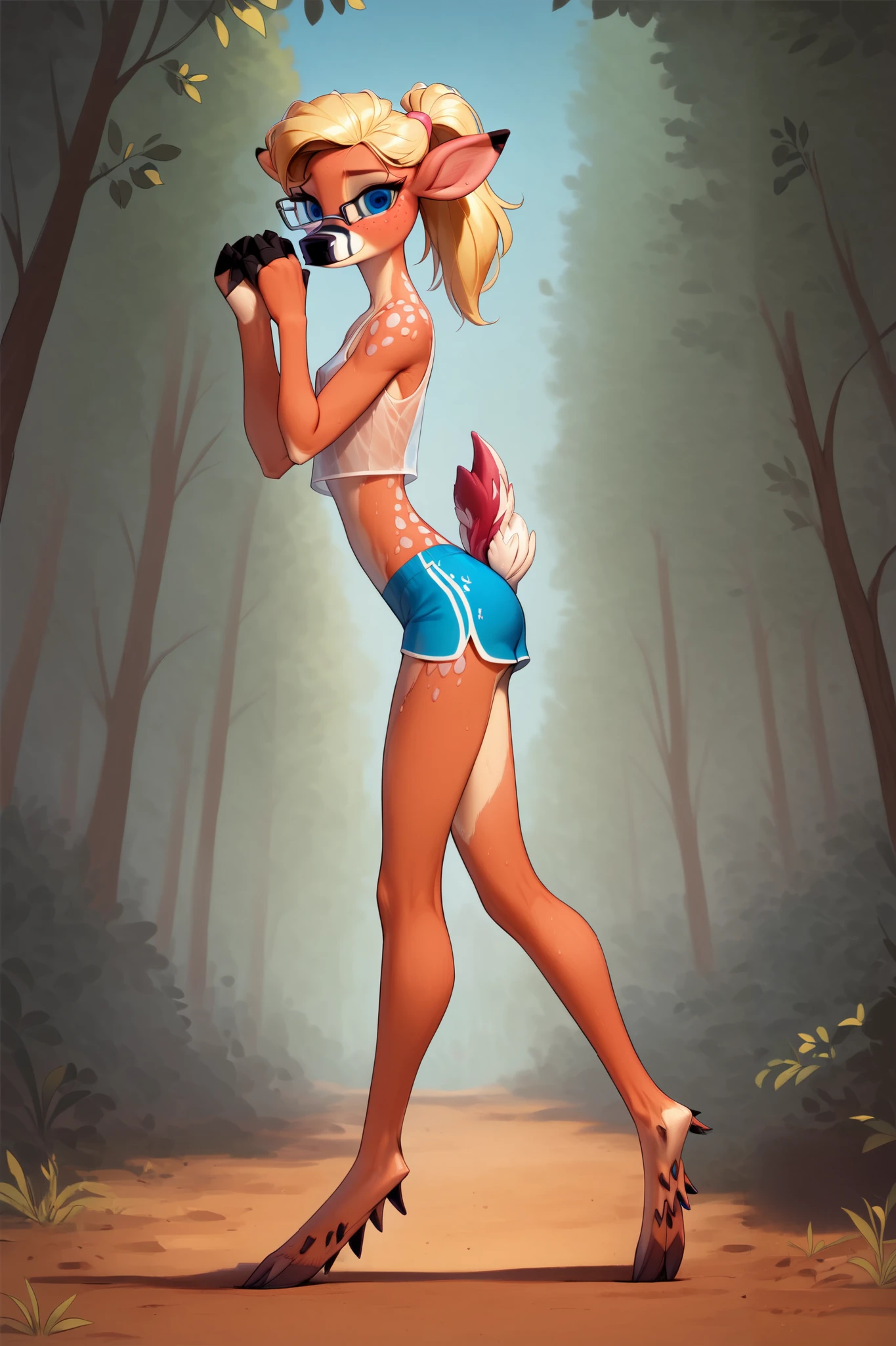 score_9, score_8_up, score_7_up, looking at viewer, smile, (face focus, eye focus), solo, freckles, young female, o, skinny, detailed skin, sweaty, sheer see-through tight slutty cropped tanktop, (perfect), microwaist, small ass, tight shorts, skimpy blue stripe running shorts, teasing, tease, sexy, blonde hair, ponytail, big pretty blue eyes, innocent eyes, sexy, long lean legs, deer hooves feet, art by loimu, o, ((tween)), playful, forest path, dirt path, sunny day hike, holding your hand,
concept art, cell shading, masterpiece,
detailed face, beautiful, provocative, happy,
(anthro deer:1.5), deer tail, hooves, hooved feet, glasses