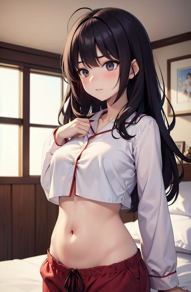 super fine illustration, vibrant colors, masterpiece, sharp focus, best quality, depth of field, cinematic lighting, ultra detailed, sleeves, crop top, pajamas, button up, pajama pants, drawstring, belly button, midriff, wide hips, 1 woman, home, solo, milf, very messy hair, dark color hair, long hair, curly hair, blush, room, indoors, pouting, mature female, tall woman, medium breasts, v-shaped eyebrows, crossed arms
