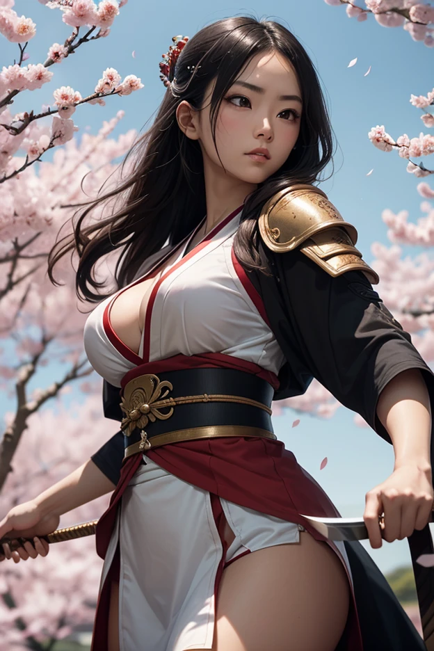 (masterpiece, best quality:1.4), (beautiful, aesthetic, perfect, delicate, intricate:1.2), (cute, adorable), (depth of field:1.2), cinematic shot, mood lighting, teasing, 1girl, mature woman, perfect female form, (perfect face, detailed face, full lips, glossy lips, blush, eyeliner, expressive eyes), (black hair, long hair, hair ribbon), (huge natural breasts, narrow waists), (red wooden samurai armor), (pink petals, pink leafs), (japanese temple), storm, lightning, wind, dark clouds in the sky, looking up, hands, (cowboy shot),