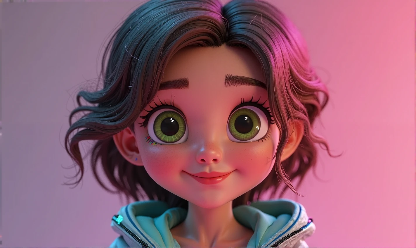 A 3D Pixar-style cartoon character, young girl (20-25 years old), cheerful expression, large expressive green eyes, short wavy brown hair, wearing a futuristic jacket with neon highlights, detailed textures, soft rim lighting, cinematic shading, ultra HD, 8K, Pixar-like smooth rendering, studio-quality lighting, soft gradient background.