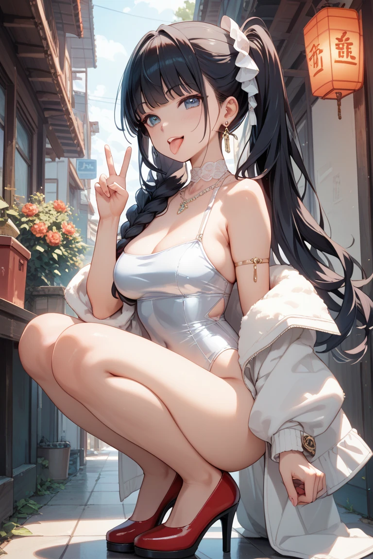 1girl,a beautiful fashion model ,(masterpiece, official art, best quality) (perfect eyes) ,long and shiny black hair, , hair strand between eyes, full lips, upturned nose medium boobs, , elegant makeup, exhibitionism, naked in public, , slim thighs, toned body, shiny skin, sexy pose,,(( (slender, skinny, slim))), gold hoop earrings, pink eyeshadow, cute face, (((girl with man))) embarassed, coy, surprised, blush, glittery skin, girl dancing on stage, skinny thighs, narrow hips, skirt lift