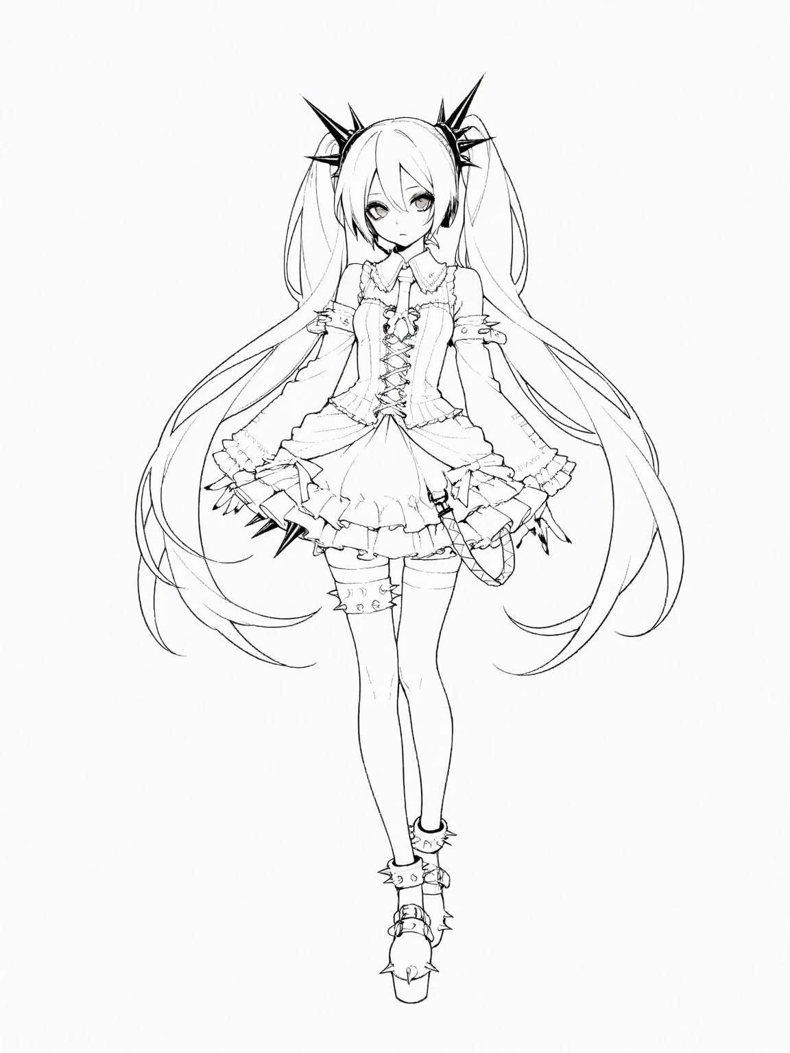 masterpiece, best quality, 1girl, solo, long_hair, looking_at_viewer, bangs, skirt, shirt, black_hair, long_sleeves, bow, ribbon, twintails, hair_bow, heart, pantyhose, frills, shoes, choker, blunt_bangs, black skirt, halo, frilled_skirt, bow, fishnets, shirt, fishnet_pantyhose, platform_footwear, jirai_kei, simple background, white background, monochrome, lineart, <lora:animeoutlineV3-000008:0.8>, full body