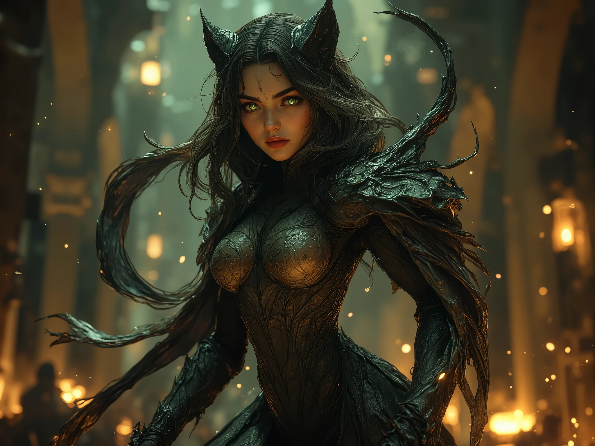 A shapeshifter panther girl with panther ears and tail and claws on her fingers. Big green cat eyes, dark skin, long black hair, toned body with the grace of a predator
