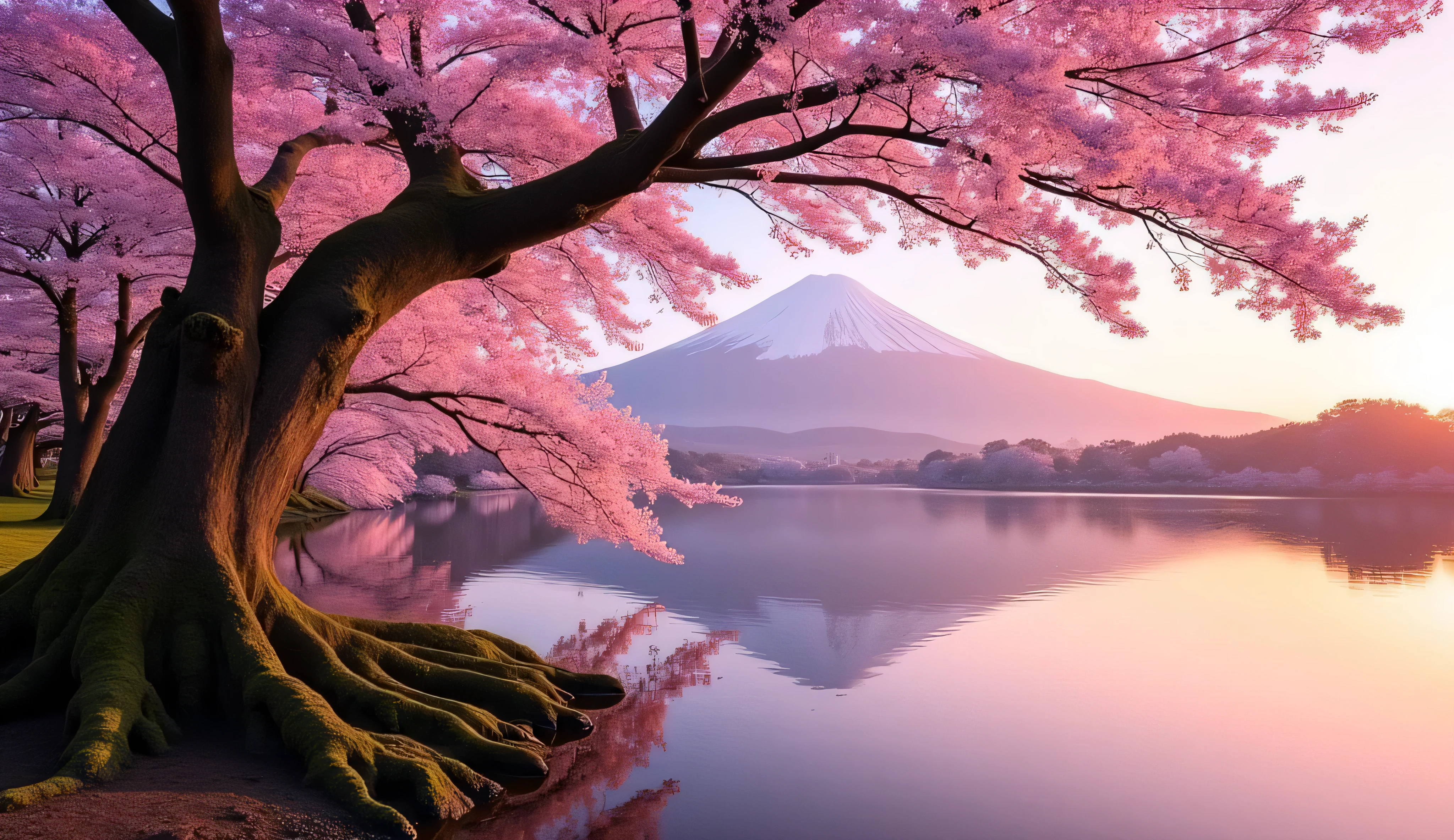 Close up of one majestic 300-year-old cherry tree, gnarly thick trunk, rises from the shore of a tranquil lake, one long, graceful branch extending over the water, adorned with delicate pink blossoms, across the calm lake, Mount Fuji rises, against the horizon, bathed in the soft golden hues of sunrise, show detail of tree bark, show detail of leaves.