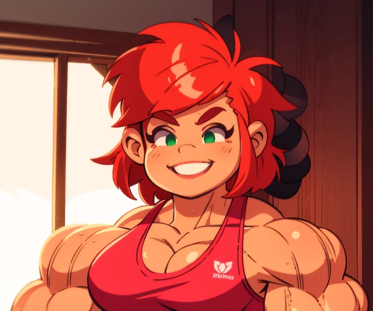 (masterpiece:1.2), (best quality), (ultra detailed), (8k, 4k, intricate),(full-body-shot:1), (highly detailed:1.2),(detailed face:1.2), (detailed background), muscle woman, big muscles, huge muscles, massive muscles, muscle girl, bronze skin, Her facial features are a mix of determination and kindness, with expressive eyes that radiate a sense of adventuremuscle woman with red hair wearing pink tank top, most muscular pose, woman with huge muscles, green eyes, smile