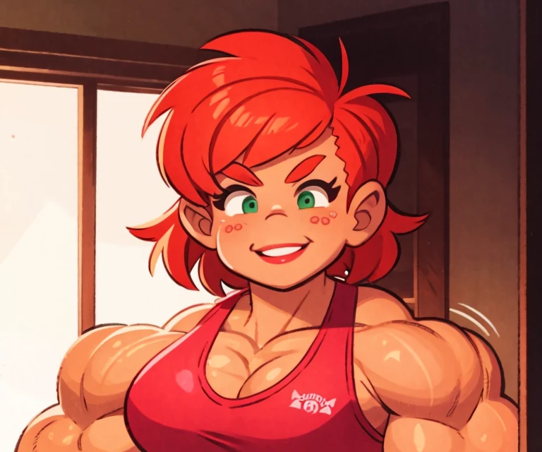 (masterpiece:1.2), (best quality), (ultra detailed), (8k, 4k, intricate),(full-body-shot:1), (highly detailed:1.2),(detailed face:1.2), (detailed background), muscle woman, big muscles, huge muscles, massive muscles, muscle girl, bronze skin, Her facial features are a mix of determination and kindness, with expressive eyes that radiate a sense of adventuremuscle woman with red hair wearing pink tank top, most muscular pose, woman with huge muscles, green eyes, smile