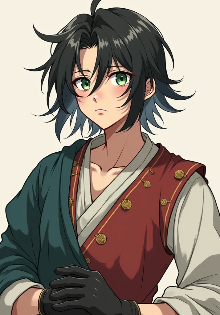 a young person in their 20s, Green eyes he has shoulder length black hair with white tips, Your face is showing boredom wearing peasant clothing from a medieval fantasy story, he wears gloves on his hands, Full Body Drawing, Tate no Yusha style, anime, manhwa, manga