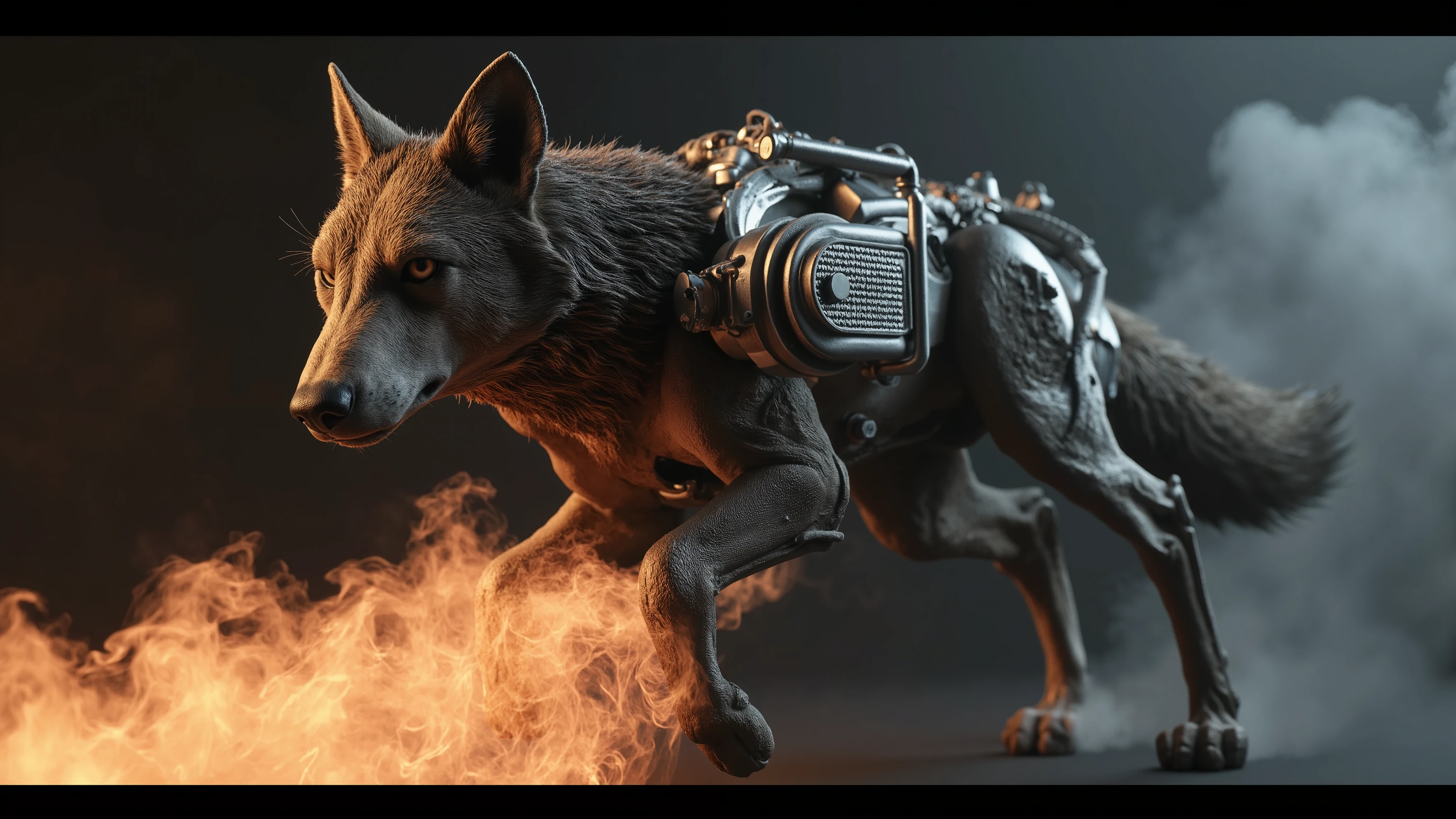 The image features a surreal fusion of a wild creature, combining the fierce head and front legs of a gas-powered running wolf with the robust back legs of a mechanical contraption. The wolf's fierce gaze is accentuated by the glint of metal, while its muscular front legs are poised in a dynamic stance, ready to spring into action. The rear is dominated by a bulky, four-stroke big leaf blower engine, intricately detailed with bolts and pipes, belching thick clouds of black diesel smoke. Flames erupt from the exhaust, casting an eerie glow that contrasts with the creature's wild essence. The composition is dramatic, framed against a darkened, moody background that highlights the mechanical elements and the raw power of the creature, invoking a sense of chaos and energy in a steampunk-inspired genre. The lighting is harsh, emphasising the smoke and flames, creating a striking visual tension between the organic and the mechanical. ray tracing, 16k, UHD, HDR, epic, photorealistic, cinematic, masterpiece, award-winning.