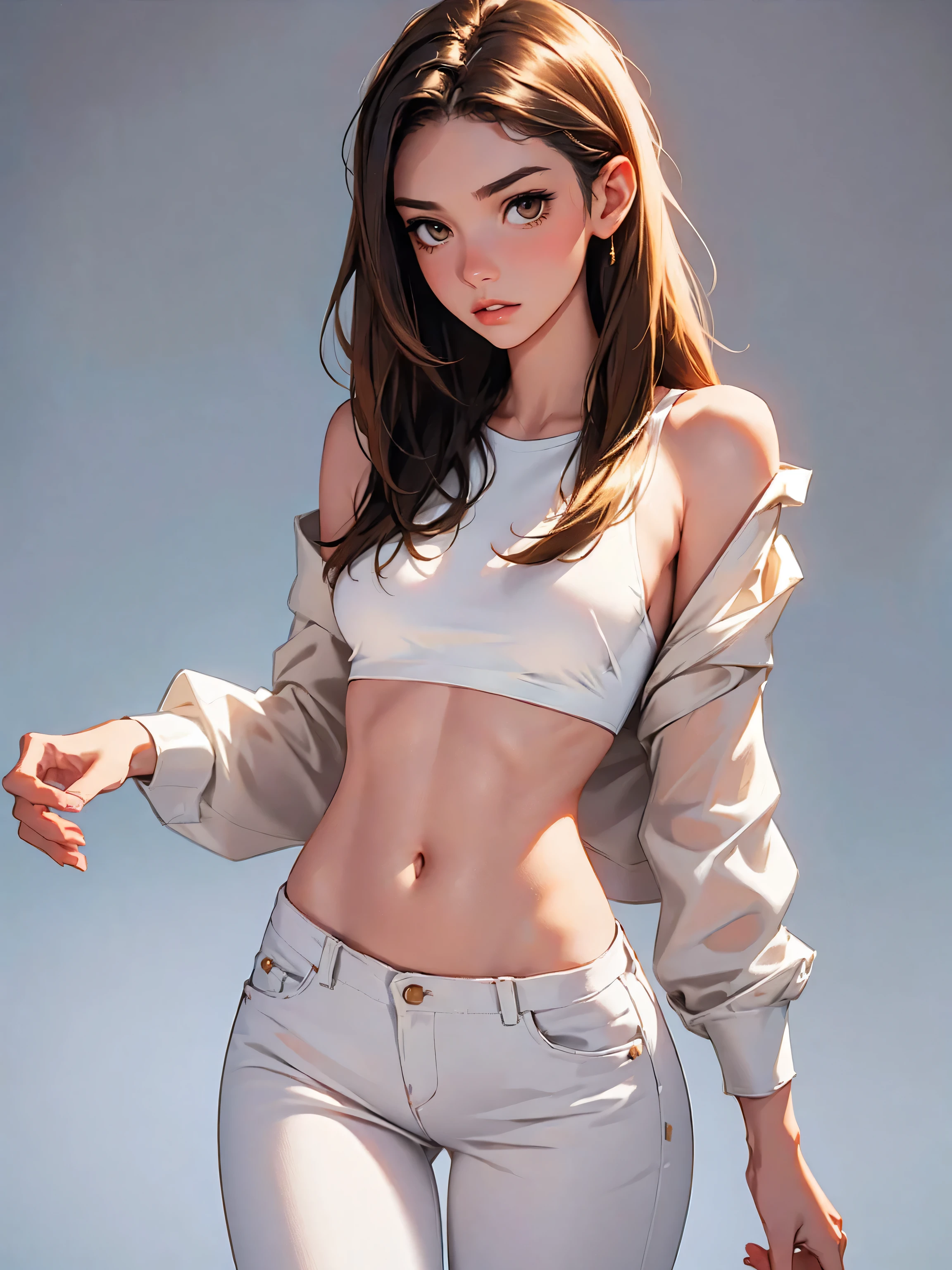 ((Realistic lighting, best qualtiy, 8K, tmasterpiece:1.3)), sharp fokus:1.2, 1girll, Beautiful Women with Perfect Figure:1.4, Slim abs:1.0, ((dark brown hair)), (White crop top:1.4),(exteriors,beachside:1.1),the city street,Ultra-fine face,Fine eyes,二重まぶた,