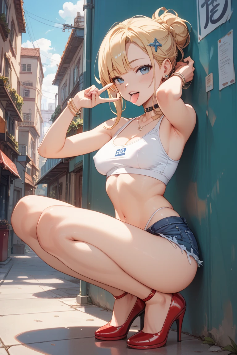 top-quality, hight resolution, 18 with, 1girl in, Android 18, 独奏, White panty、blonde hair, blue eyess, shorth hair, 耳环, jewely, Denim Vest, open vest,Knees upright、White panties are visible, Black shirt, Denim Mini Skirt,Sleeveless、Beautiful facial features、Beautiful belly button、beautiful thigh、 a blue skirt, medium breasts, cowboy shot, Street, off shoulders, Strapless,