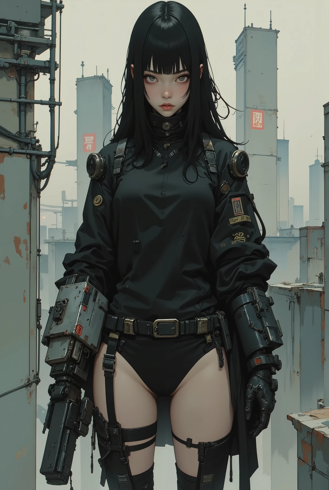 An extremely skinny 18-year-old korean girl wearing minimalistic blade runner dystopian futuristic leather cloak and lingerie, black hair, straight across bangs, heavy chest, slender skinny long legs, leather dominatrix suit, her left art is a make-shift giant mini-gun, her arm is a massive mini-gun style weapon, A comic book cover, illustration, HD, 8k
