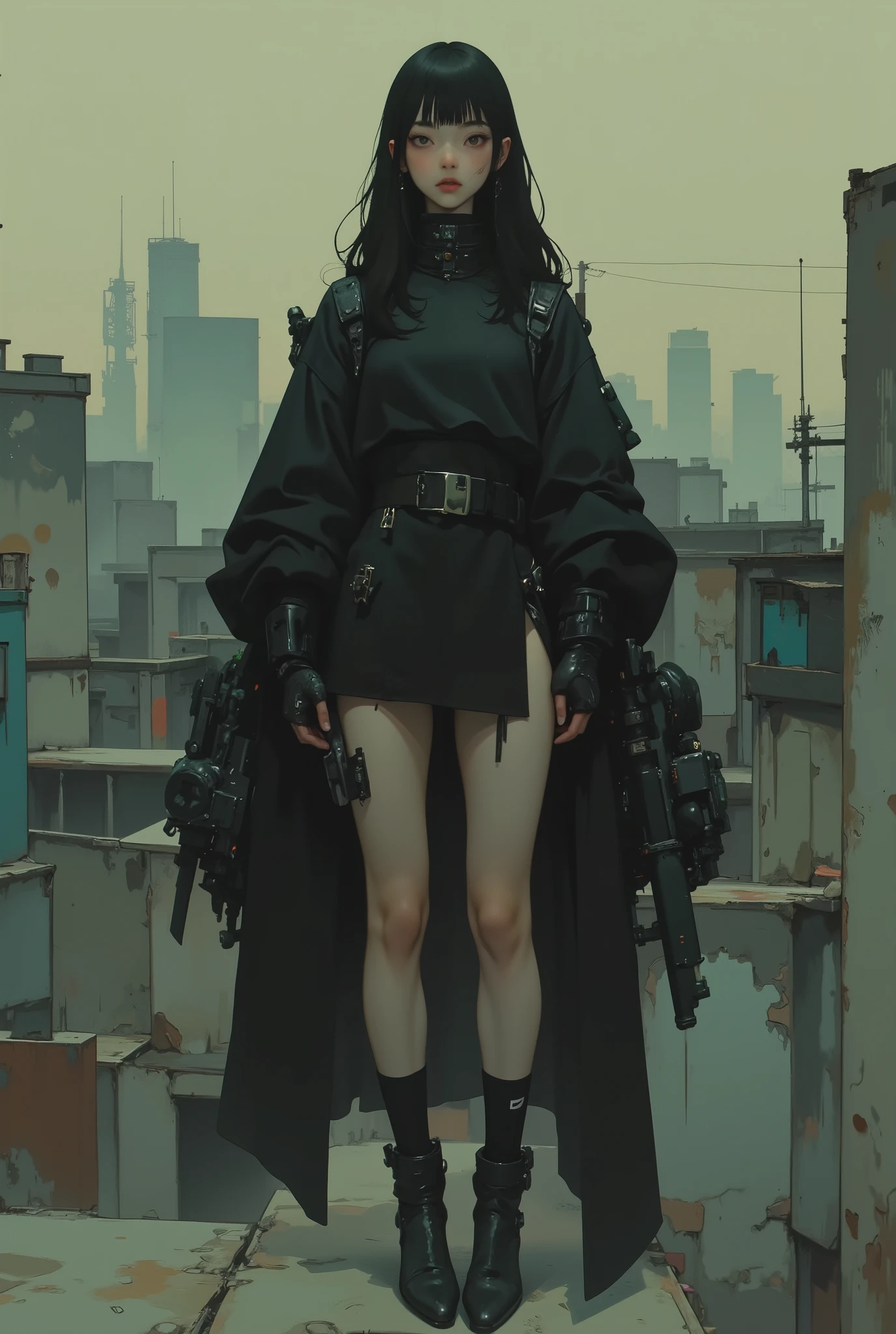 An extremely skinny 18-year-old korean girl wearing minimalistic blade runner dystopian futuristic leather cloak and lingerie, black hair, straight across bangs, heavy chest, slender skinny long legs, leather dominatrix suit, her left art is a make-shift giant mini-gun, her arm is a massive mini-gun style weapon, A comic book cover, illustration, HD, 8k