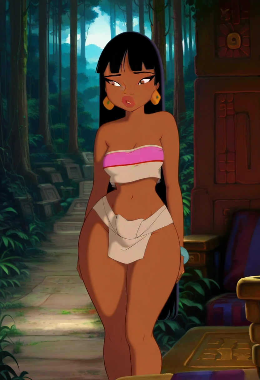 (masterpiece, best quality:1.2), 1girl, solo, chel_eldorado, cartoon, disney style, disney, young body, dark skin, tube top, loin cloth bottom, wearing white lingerie underneath, soaking wet, reflective skin, small nice breasts, wide eyes, looking at viewer, transparent clothes, collar, stockings, wet clothing, loin cloth, skin tight, choker, garter belt, standing, absurdly long hair, very long hair, bangs, (blunt bangs:1.1), lips, earrings, black eyes, brown eyes, dark-skinned female, outdoors, jungle (detailed, highres:1.2) disney animation style, clean details, soft features