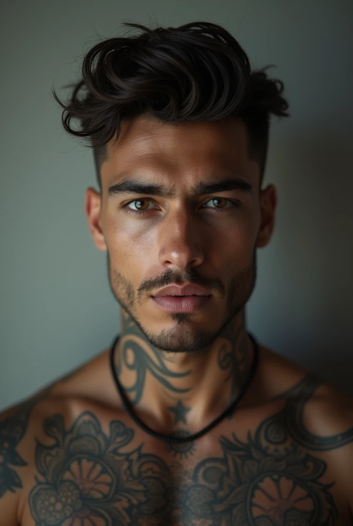~*~Breathtaking~*~ Cinematic realistic close-up shot in a movie scene, vibrant and highly detailed cores presented in cinemascope, creating a moody atmosphere. head close-up, front camera, handsome man, ritualistic (neck tattoo: 1.3), (incredibly detailed: 1.5), ((Alone)), Illustrated, hand-drawn, full-color movie poster of a masculine man, 28 years old, ruddy skin, stocky physique, soft belly, slightly chubby, deep brown eyes, wide bulbous nose, full lips, black hair, curly hair, eyebrows thick and bushy, extremely hairy chest, stomach and arms, lots of body hair, hard shadows, graphite shading, stencil markings, airbrushed acrylic paint, masterpiece,muscular man, in underwear, ((full body: 1.7)), (short black hair: 1.1), (muscular), by Jeremy Mann, by Sandra Chevier, by maciej kuciara, smoke and shadow, night, Sharp, ((Perfect body)), realistic, real shadow, 3d, ((full body)), ((dark and gloomy universe)), (by Michelangelo), glamorous photo of man (close up: 1.5), 1 man, chubby man with chest and arm tattoos, fantasy male portrait, beautiful realistic full body part, tattooed man, shirtless :: high detail, blessed waters wlop style, ma demon fit, hyperrealistic rendering, photorealistic art style, hyperrealistic 3D rendering, detailed full body part, man artstation aesthetic, realistic face and body, masterpiece, award -winning photography, handsome male, boy, light beard, red brown hair, green eyes, short hair, masculine facial features. confident, background with neon, utopian city, Surrealism, Minimalism, cinematic style, drop shadow, film grain, 1080P, anatomically correct, photographed by famous photographer in CANON 5D MARK, detailed skin with all raw details - ar 4:6 --q 2 - -s 750 --v 58k, 4k, by the sea in complete darkness and appears alone. , (ruined: 1.5), (best quality: 1.5), (masterpiece: 1.5), (best quality, 4k, 8k, high resolution, masterpiece: 1, 2), ultra detailed , (realistic, photorealistic, photorealistic: 1.37) , colorful, brushstrokes, sculp