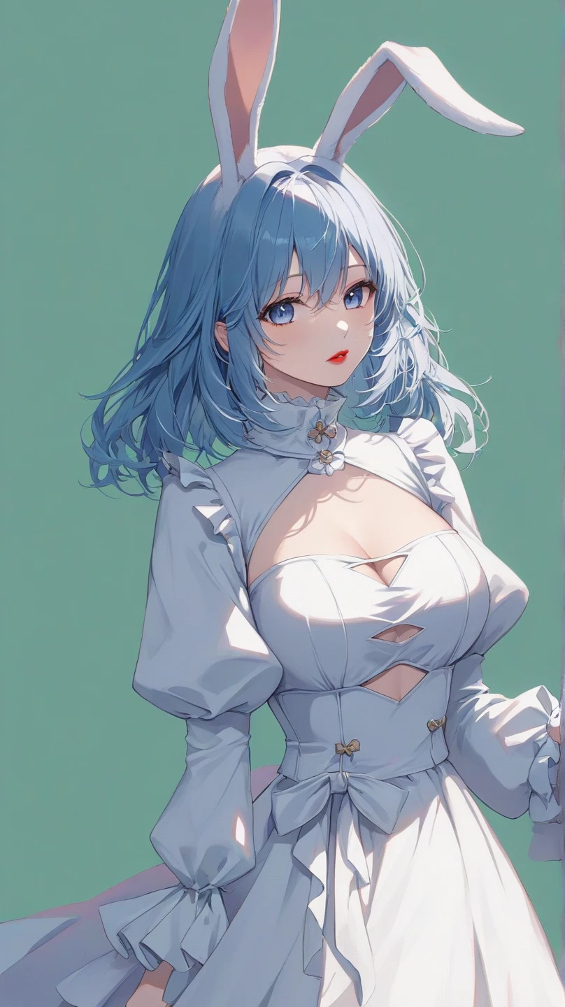 a girl, adult, pale skin, blue eyes, blue hair, eyebrows, nose, ears, mouth, lips, neck, shoulders, big chest, (blouse, ripped short shorts, tight tights), waist, thick legs, thick thighs , (light blue background)