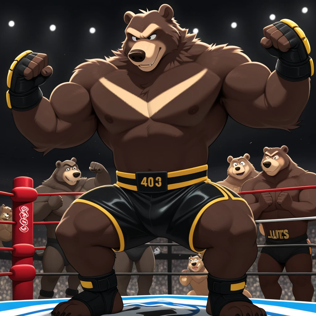 A huge fat old anthro furry bear, dark red fur,muscular arms, muscular legs, imposing stature, wearing a wrestling uniform, with a stern and intimidating expression on his face, black full facial hair, gold eyes, large fat roid belly . Detailed facial features, including a strong jawline, thick dark eyebrows, thick brown fur. The wrestling uniform is crisp and well-fitted, with a metal badge and shiny buttons. The scene is set in at a wrestling ring. The lighting is dramatic, casting bold shadows and highlighting the contours of his muscles. The color tone is dark and moody, enhancing the serious and intense atmosphere. The image quality is of the best quality, with high resolution and ultra-detailed features. The overall style is realistic and professional, capturing the essence of a strong and dedicated wrestler.