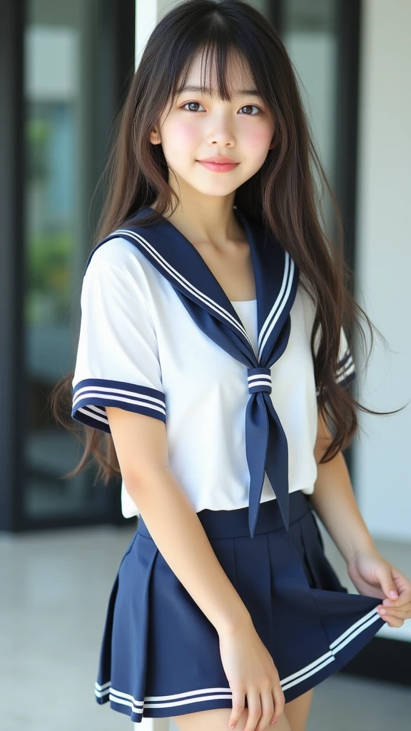 (masterpiece, highest quality:1.2), 8K, 12才のfull nudeの女の子, 85mm,Official AR RAW photo, スーパースリムなスレンダーbeautiful girl, (When I lift up my short navy blue skirt、下Half bodyfull nude、short sleeveの白シャツ、show me your ears、naked girl photo shoot、full nude, cute face, close, Half body, biolace, gardenia, beautiful girl, , thighs, short sleeve, Tied to the station platform with a rope, looking at the viewer, no makeup, (big smile), film grain, chromatic aberration, sharp focus, face light, clear lighting, Ten generations, detailed face, background bokeh, (dark red tie:1.1)、((((((12 year old girl))))))、((((((12才のfull nude女子高生)))))、thin waist、shy pose、shy and nervous girl