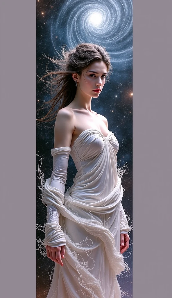 Create a meticulously detailed, hyper-realistic oil painting featuring a voluptuous bohemian woman standing gracefully against a stunning cosmic backdrop. The central figure is adorned with striking green eyes and long, jet-red hair that cascades in loose waves, accentuating her fair complexion and delicate freckles. Her expression is contemplative, capturing a moment of deep thought and introspection.
She wears a flowing white satin two-piece dress that features a plunging neckline, emphasizing her elegant and free-spirited style. The dress drapes beautifully, with its lustrous fabric catching the light and creating a sense of movement. Her attire is accessorized with a delicate necklace and various boho-inspired jewelry pieces, including intricate bangles and layered rings, which add to her ethereal and artistic allure.
In the background, a captivating depiction of futuristic cosmic art fills the canvas. To the right side, a large, cloudy blue-green planet dominates the scene, its surface detailed with subtle textures and veined with luminous streaks. Surrounding the planet are vibrant, swirling colors of purple, pink, and blue, representing the vast and mysterious cosmos. These swirling hues blend seamlessly, creating an otherworldly atmosphere that contrasts beautifully with the serene and grounded presence of the woman.
The lighting in the painting is dramatic, with soft, diffused light highlighting the woman’s features and the shimmering quality of her satin dress. The cosmic backdrop is illuminated with vibrant and dynamic colors, enhancing the sense of depth and the dreamlike quality of the scene. The interplay of light and shadow emphasizes the textures and details of both the woman and the cosmic elements, adding a three-dimensional quality to the painting.
The overall composition is rich and visually captivating, combining realistic detail with a fantastical and ethereal ambiance. The focus on the woman's expressive features and the stunning cosmic