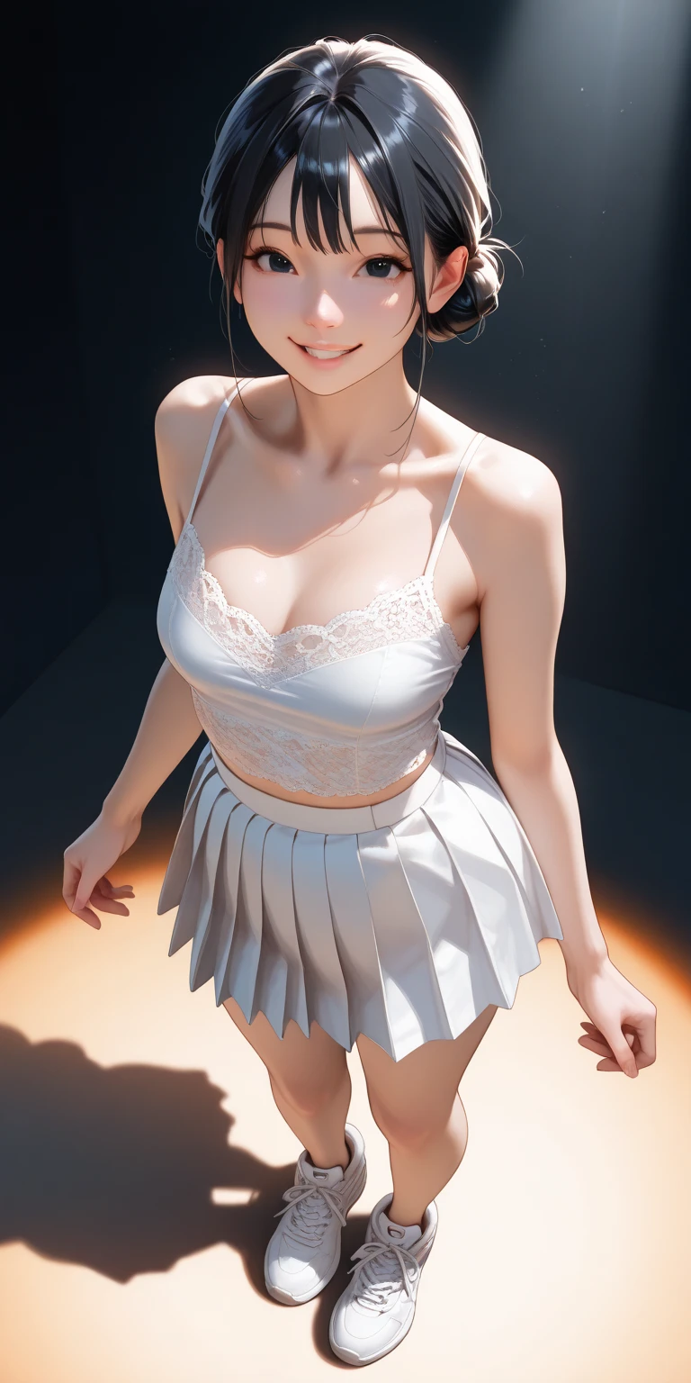 8K, masutepiece, Raw photo, Best Quality, Photorealistic, Highly detailed CG Unity 8k wallpaper, depth of fields, Cinematic Light, Lens Flare, Ray tracing, (Extremely beautiful face, Beautiful lips, Beautiful eyes), intricate detail face, ((Ultra detailed skin)) 1girl in, In the Dark, deepshadow, Pretty Korean girl, Kpop Idol, 1 girl, (Very slim and slender body:1.3), ((Looking at Viewer)),(Big smile:1.3), (Midnight, a dark night, (Neon sign), (Blurred background), Dim light), (No people in the background:1.3), Beautiful earrings, Bracelets, Necklace, pantyhose, Clear eyes, Walking , Front shot, (pale skin), (Big eyes), Face forward, (Full body shot), (Brown hairs), open navel, (Looking at Viewer:1.3), Very slim, Silky skin、medium breasts, (Camel toe), skinny thigh, turn back, (fluttering mini dress), ((White Collar Dresses)), (Tight skirt), ((backtrack, Back shot)), Ultra mini skirt, exposed ass, upper Shot、(barechested:2.0)