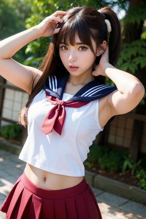 nsfw, vagina, bottomless、Sailor suit、Front facing、Undressing、Pulling down her white panties、Panties that are about to be taken off、bottomless、Short pigtails、Small breasts、Looking down、I can see her pussy、Leaning forward、the way