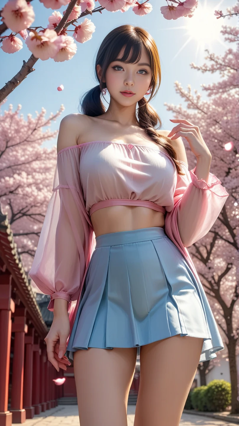 A perfect young female white-collar worker,Chinese big breasts,High picture quality,Works of masters,Black hair,Long hair shawl,Long hair flowing over the shoulders,Beach wave hairstyle,cropped shoulders,鎖骨,exquisite face,Hydrated red lips,((Wear colorful and stylish summer clothing))(red colour,blue colors,green color,Violet-orange,In pink,amarelo,Printed clothing),Kurfo,,Colorful pleated skirt,white stockings,over knee socks,Magic starry sky dress,Lace skirt,Puff sleeve skirt,Tassel elements,Lace paneled elements,Openwork elements,Texture element,Real Human,CG rendering,16k,Stand up,Suzhou Garden,On the bridge,Do not show your hands,(hands behind body)Close-up shot