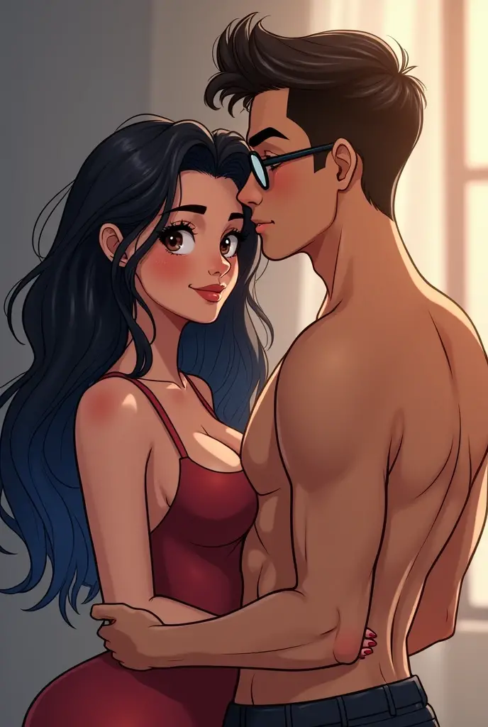 Couple of boyfriends she curvy body, big butt, big cheeks black hair with blue, big brown eyes light skin with piercing in the nose and tongue and with light skin, straight hair styled up and small rectangular glasses