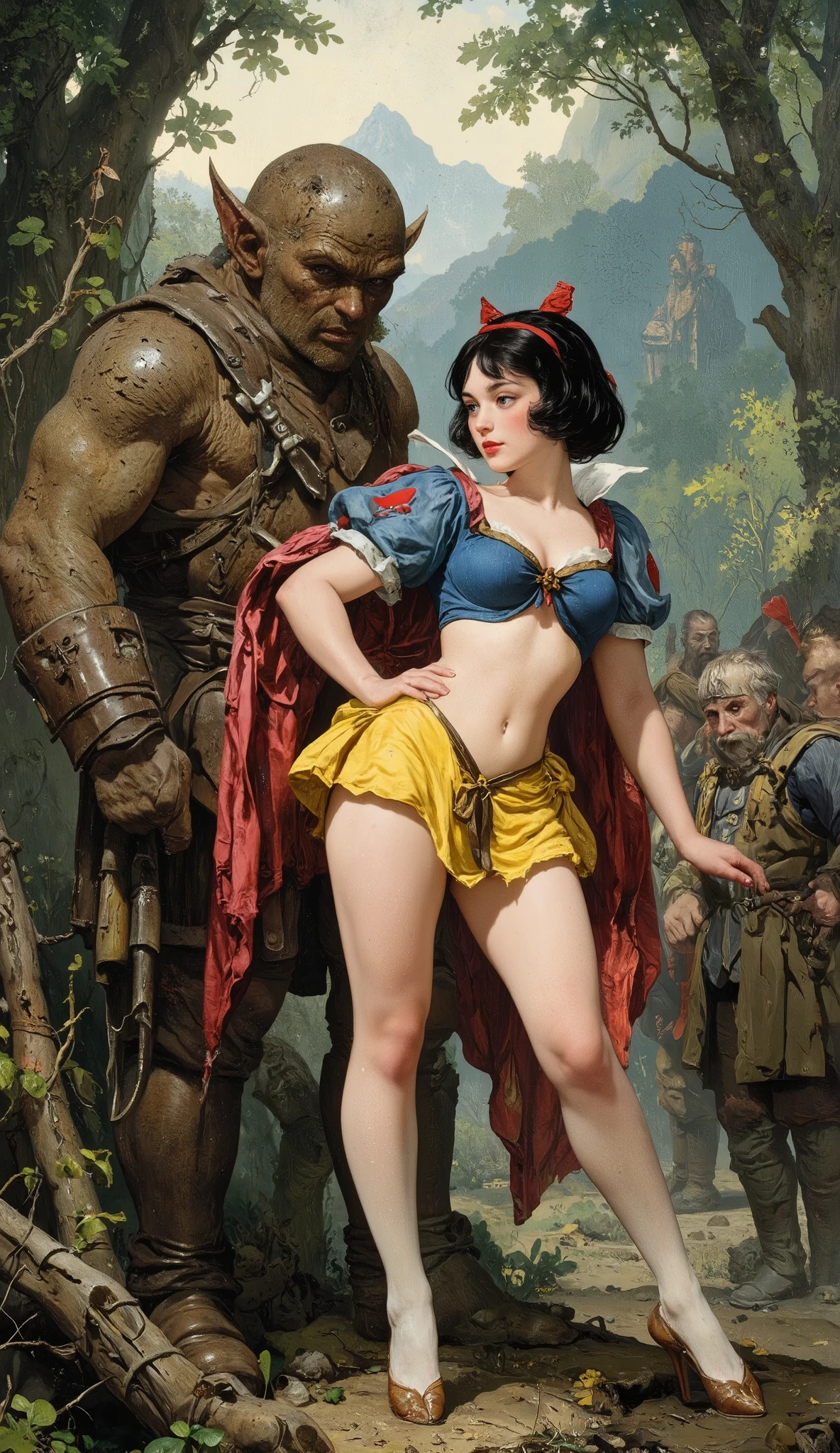 Spouse White Snow Himes、
((NSFW)),
19th Century style,
Full body,
Old photo,
1girl, 7guys,
Early summer in 19th century Switzerland、
Snow White's skin is white as snow、
She has black bob hair with red ribbons、
she wears a blue bodice and a yellow miniskirt、
Prostitute yourself against a goblin in the woods、Snow White has sex outdoors、