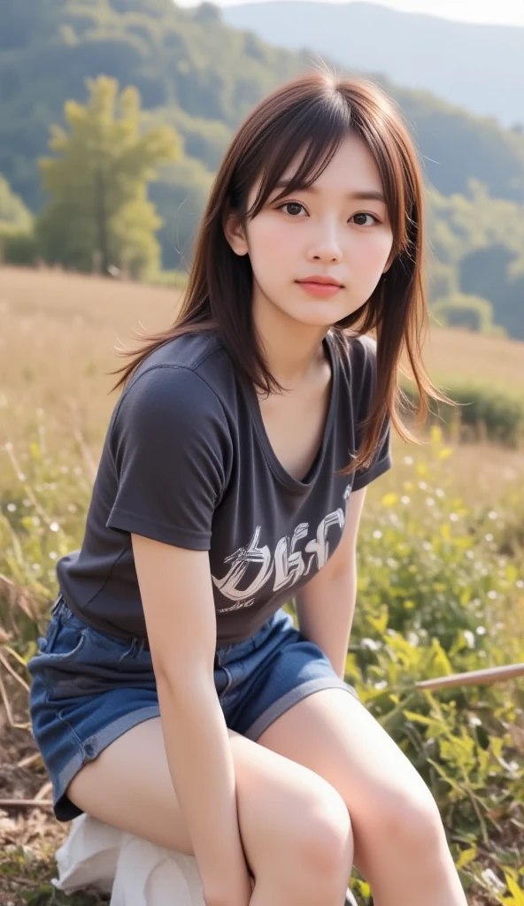 1girl, (wearing a casual midriff-baring t-shirt:1.6),(RAW photo, best quality), (realistic, photo-realistic:1.4), masterpiece, an extremely delicate and beautiful, extremely detailed, 2k wallpaper, Amazing, finely detail, extremely detailed CG unity 8k wallpaper, ultra-detailed, highres, soft light, beautiful detailed girl, extremely detailed eyes and face, beautiful detailed nose, beautiful detailed eyes,(in the park at evening:1.8),perfect anatomy,slender body,(smile:1.4),(close up:1.4),(look at viewer),(front view:2.0),cinematic angle,(wavy long hair),(brown eyes:1.7),(standing:1.4),<lora:shioiriasuka_lora-01:0.8>