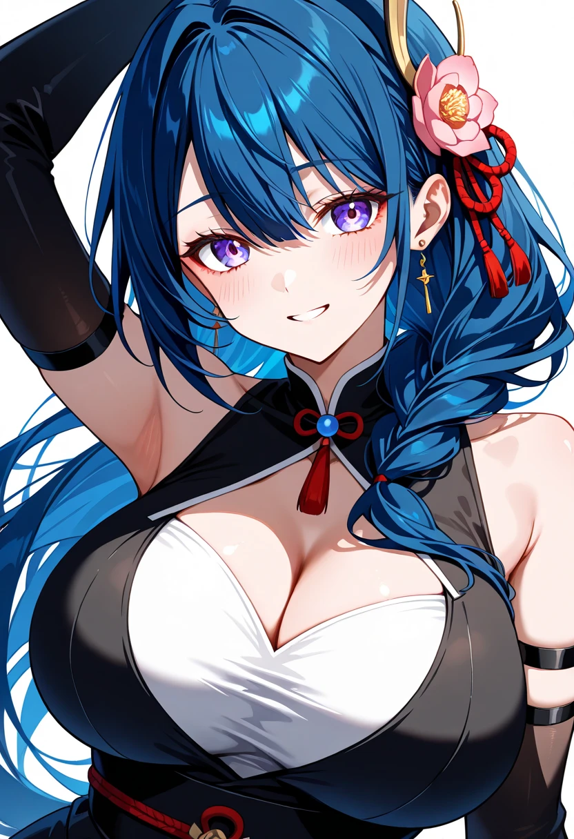(((1girl))), hands up, long hair, tank-top, jacket, open shoulder, cowboy shot, bikini, medium breast, red background, open mouth, stick out her tongue out at viewers, red eyes, flushed, ganyu