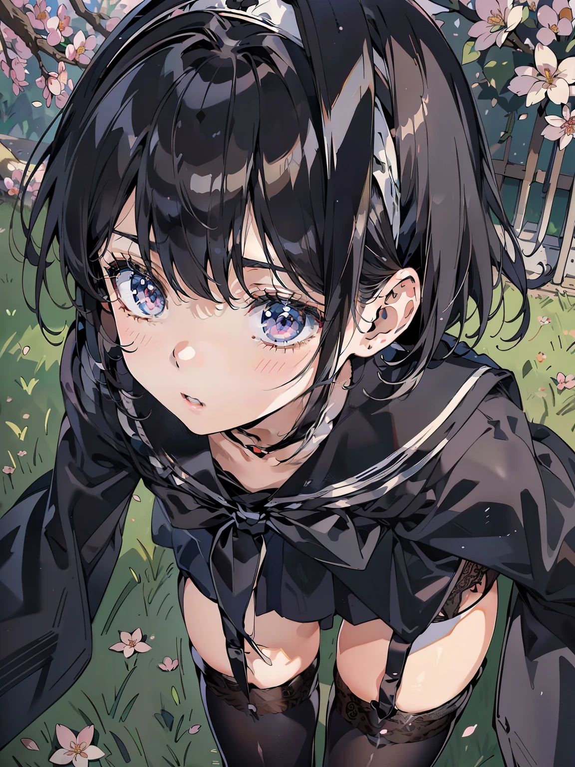 8k, of the best quality, masterpiece, very detailed, ultra high definition, realistic, RAW photo, absolute resolution, small face compared to body under a tree with cherry blossoms, very small face, black hair, high school girl wearing a navy blue sailor suit, navy blue skirt, animated 2D rendering, realistic若いアニメの女子高生, (White Headbands:1.4), purple eyes, small breasts in Mbini, is tall, Slanted Eyes , (Park view), (Black Stockings:1.4), (garter belt:1.4), bright color, opens her mouth, dark blue skirt , bob cut, poion looking down from above, bends knees, , Flowers blooming on the ground, (Take a picture of a flower with your smartphone:1.4),