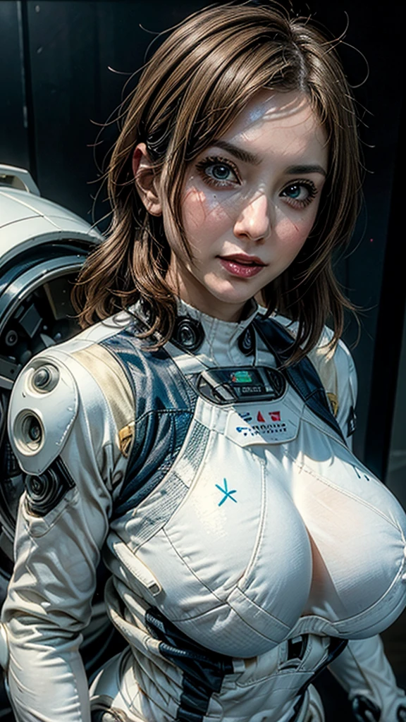 masterpiece, Highest quality, Ultra-realistic, Ultra-detailed, ((8K resolution:1.2)), RAW Photos, Sharp focus, (One girl), alone, ((Gorgeous face:1.2)), Perfect body, Mature Woman, Age 25, Portraiture, Mecha, White and Red Armor, Nanosuit, sexy, Messy Hair, Cinematic, Cinematic light, ((Natural big breasts:1.4)),((Upper Body))