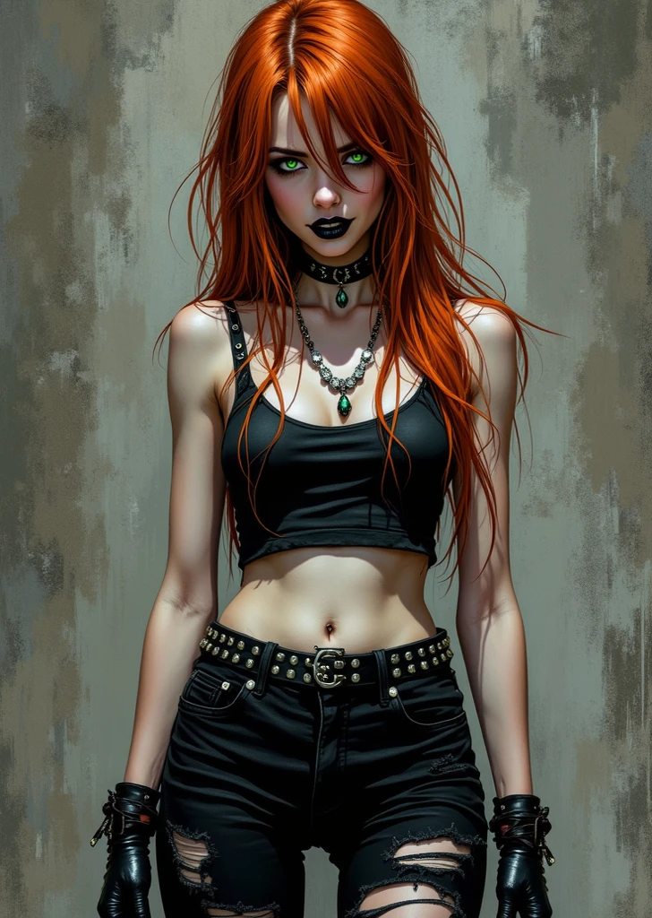Girl with long red hair, golden right eye and green skeleton eye, medium breasts, wearing a cloak that is held between the breasts, short shorts, wearing a top