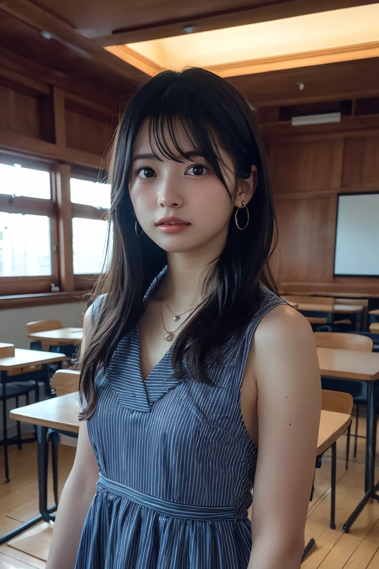 (best quality:1.4),(masterpiece:1.4),(photorealistic:1.4),(Realistic:1.2),(ultra high res, raw photo:1.4),(hdr, hyperdetailed:1.2),(8K:1.2),cinematic photo,photo of black hair,1girl,solo,wearing ,((Japanese classroom))、((Upper Body:1.3))