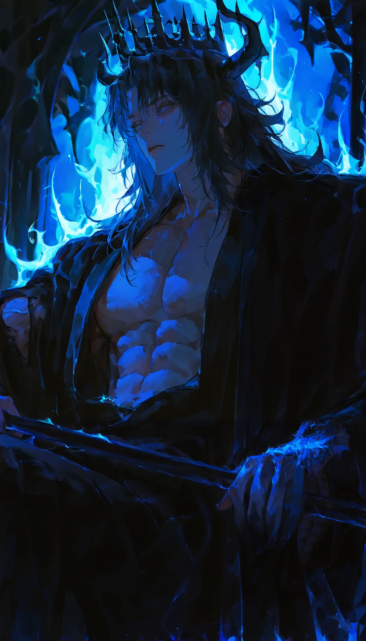 Young man, 1man ,Handsome,long hair,Solo painting,mature man, muscles,solo,alone,handsome,(open robe, fancy black robe, underworld background with blue flames behind a dark throne, holding a black staff, horns, proportionately correct, close up), (((underworld king)))
