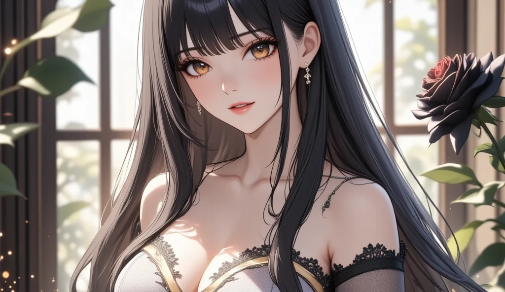 a beautiful woman, detailed facial features, long black hair, wearing a sheer maroon kurta with black embroidery, curvy figure, medium chest with cleavage, standing in front of a window with natural light, goddess-like, (best quality,4k,8k,highres,masterpiece:1.2),ultra-detailed,(realistic,photorealistic,photo-realistic:1.37),HDR,UHD,studio lighting,ultra-fine painting,sharp focus,physically-based rendering,extreme detail description,professional,vivid colors,bokeh,portrait
