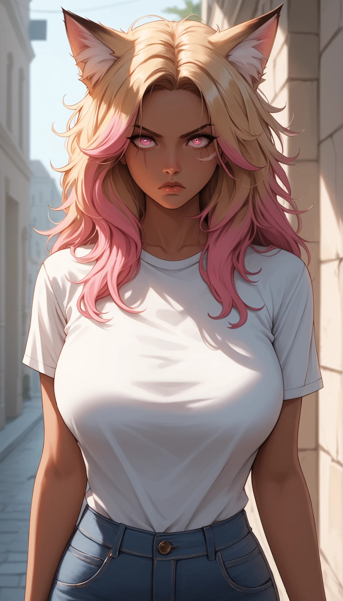 Watercolor, score_9, score_8_up, score_7_up, (Volumetric_lighting: 1.7), (masterpiece), (lora: detailed anime girlsXL), (lora: NoobAI-XL Detailer), (lora: smooth lighting enhancer) (lora: Detailed Background), (lora: NKxXmo's Shaded Face), (lora: SDXL high detailed. LoRA_SDXL_ARW_0010: 0.75), (lora: Waifu Eyes), BREAK outside, College, fair_stand,
1girl, Tall, scars, tanned skin, Fox_ears, Fox_tail, curvy, long_messy_hair, blonde_hair (Pink_highlights), black nails, pink eyes, Angry (narrow eyes, angry expression) standing, holding_flyers, white_shirt, jeans, close_up_shot, large breasts, Mature looks, MILF, 8k, (masterpiece), realistic, high_quality, detail_focused,
Expressiveh