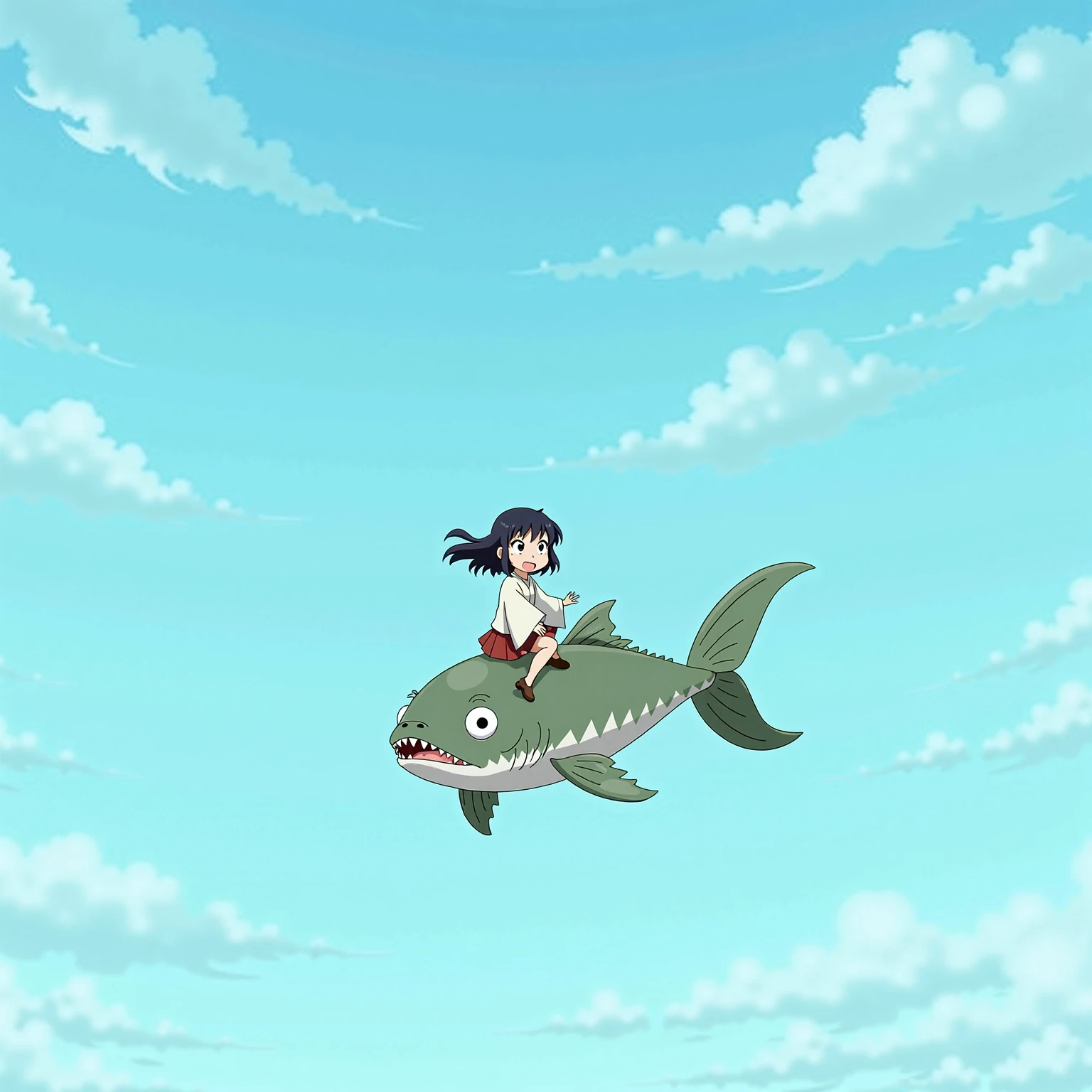 Totoro riding a flying fish in the blue sky, HD, Real Character