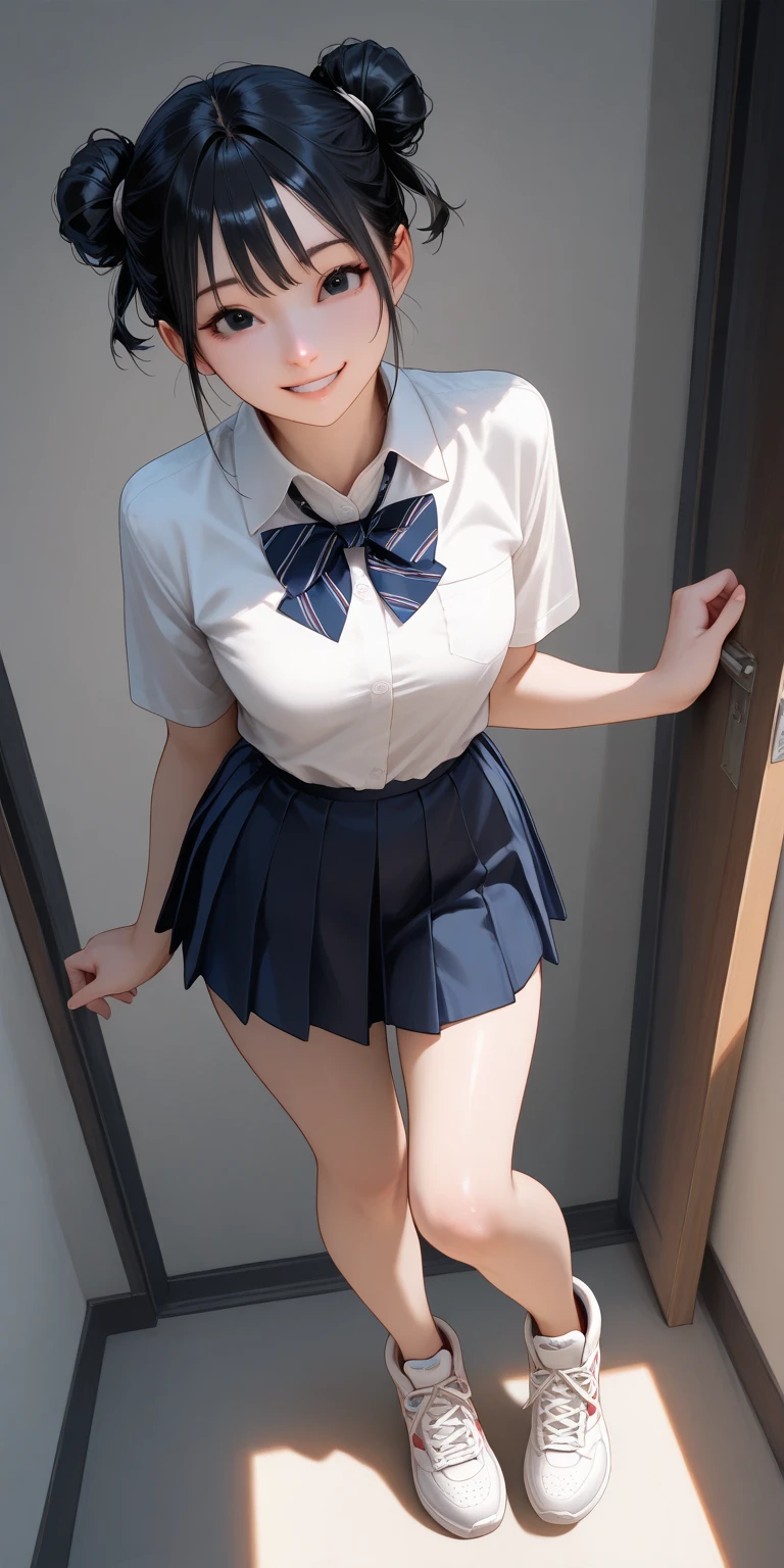 majicMIX Real, (Raw photo: 1.2), (Photorealistic: 1.4), small, beautiful detailed eyes, show off panties, show off panties, huge file size, super detailed, high resolution, very detailed, top quality, masterpiece, illustration, highly detailed, CG, unification, 8k wallpaper, movie lighting, 16 year old girl, Japan girls' high school uniform, Cute schoolgirl, sexy pose, smiling, pleated skirt, lighting from below, panty shot, spreading legs, light blue panties
