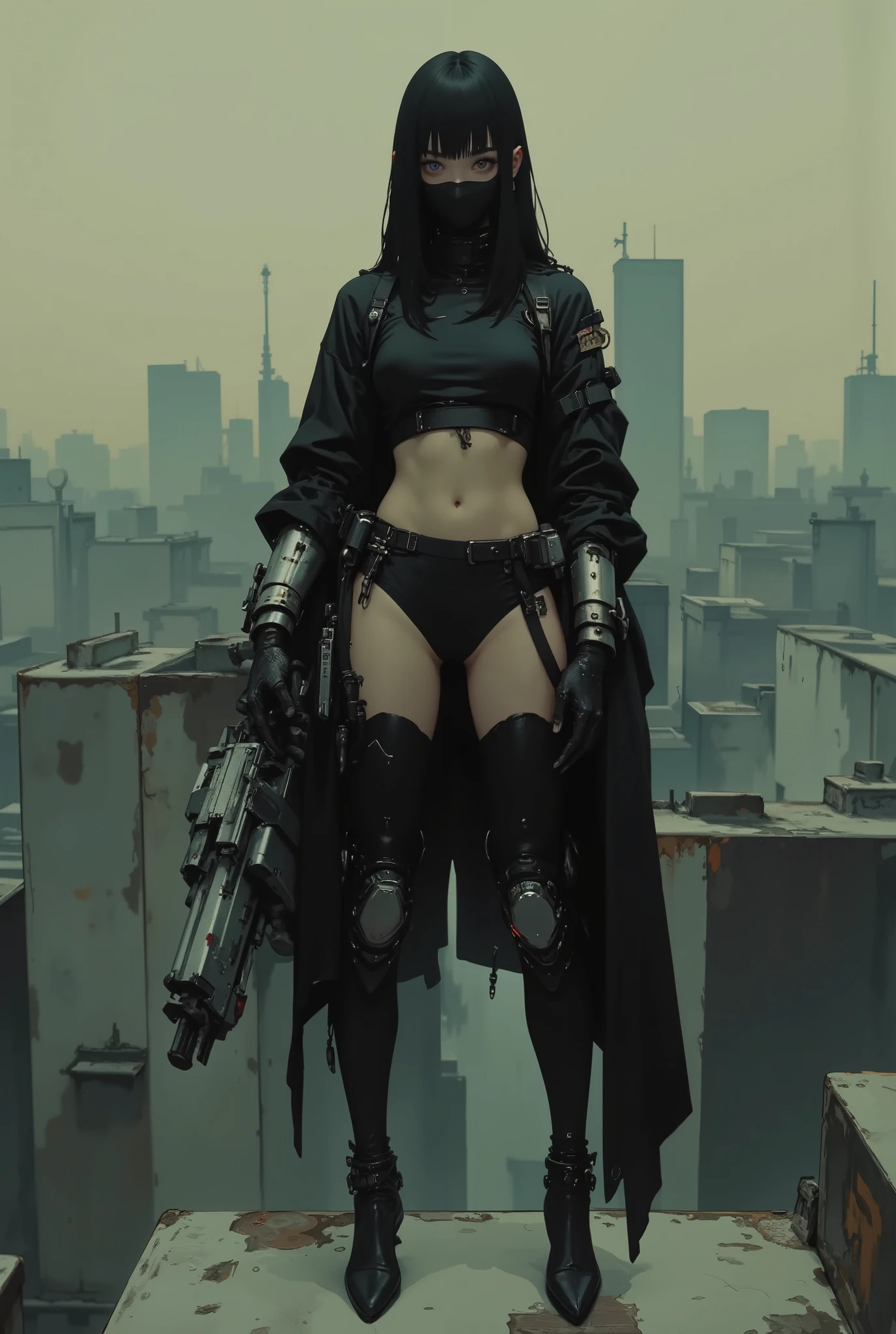 An extremely skinny 18-year-old korean girl wearing minimalistic sleek mask, blade runner dystopian futuristic leather cloak and lingerie, black hair, straight across bangs, heavy chest, slender skinny long legs, leather dominatrix suit, her left art is a make-shift giant mini-gun, her arm is a massive mini-gun style weapon, A comic book cover, illustration, HD, 8k