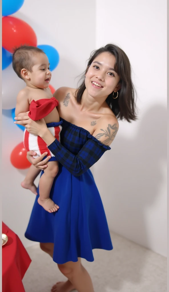 there is a woman and a little girl sitting on a couch, katelynn mini cute style, with ivy, full pose, tumblr, loli, with a kid, lovely and cute, daughter, cute and lovely, 2 years old, in a dress, petite girl, full portrait, 40 years old women, in blue dress, icey blue dress