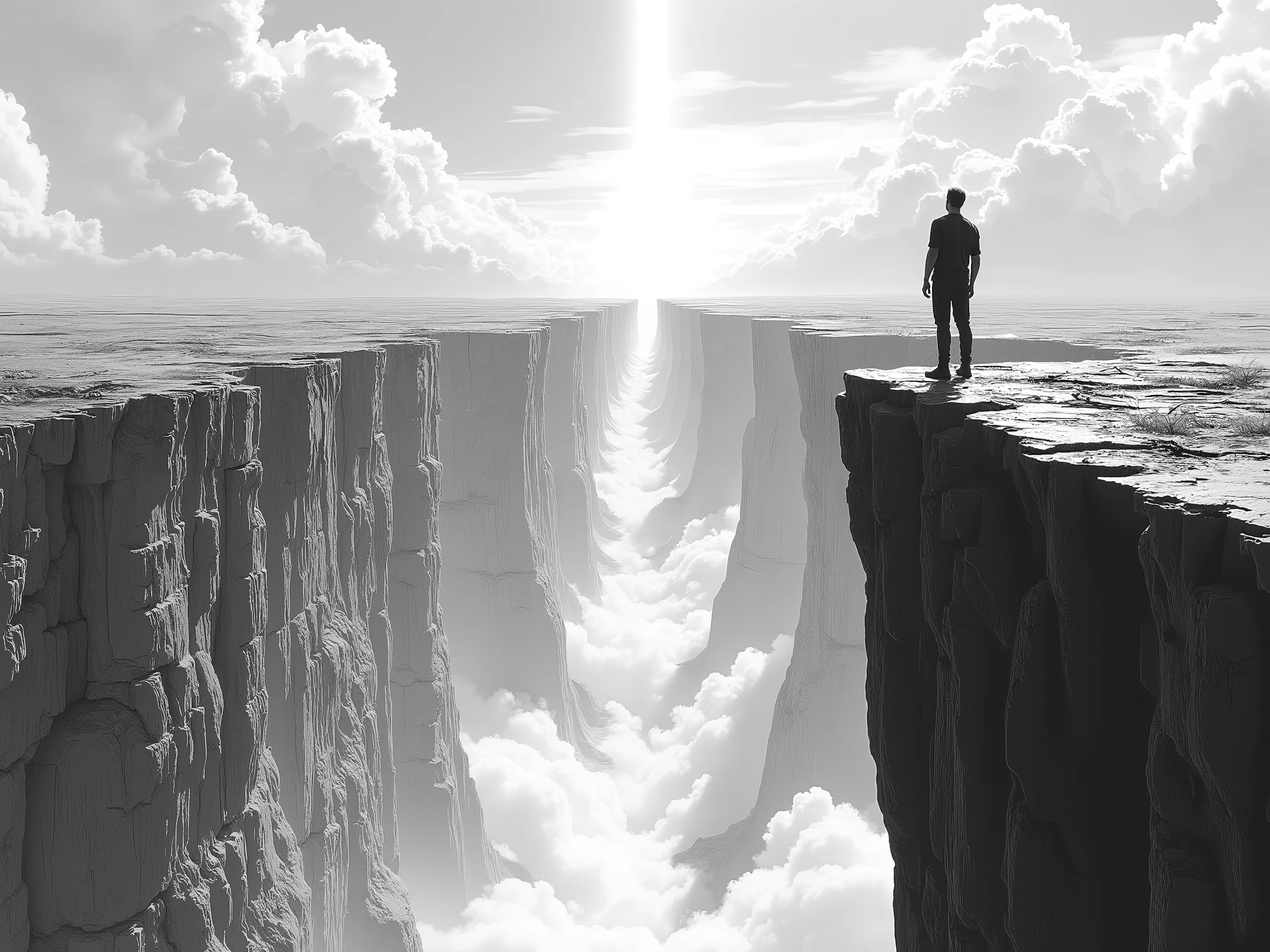 In the art style from linking park albums cover, draw a man standing on the edge of a precipice looking down to the emptiness, wide open, the bottom is not visible, pencil art, black and white, POV from his back