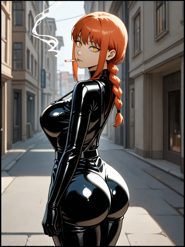 detailed shiny skin, (realistic, photorealistic:1.4), pretty girl standing, white shirt, collared shirt, black tie, black pants, big ass, wide hips, long sleeves, (nose blush), yellow eyes + ringed eyes, short hair + red hair + long braided hair, Makima \(Chainsaw Man\), rear view, huge ass, big breasts, latex bodysuit, shiny clothes